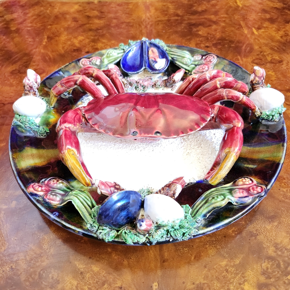 Portugese Majolica Trompe Loeil Salted Crab Serving Platter 19th Century Vintage